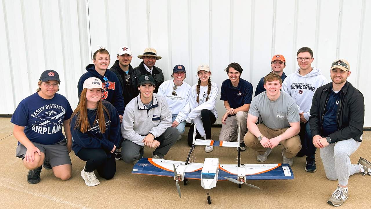 Pictured is the Auburn University Design, Build, Fly team that achieved a top 20 finish at the AIAA Design, Build, Fly competition in Wichita, Kansas, in April. 